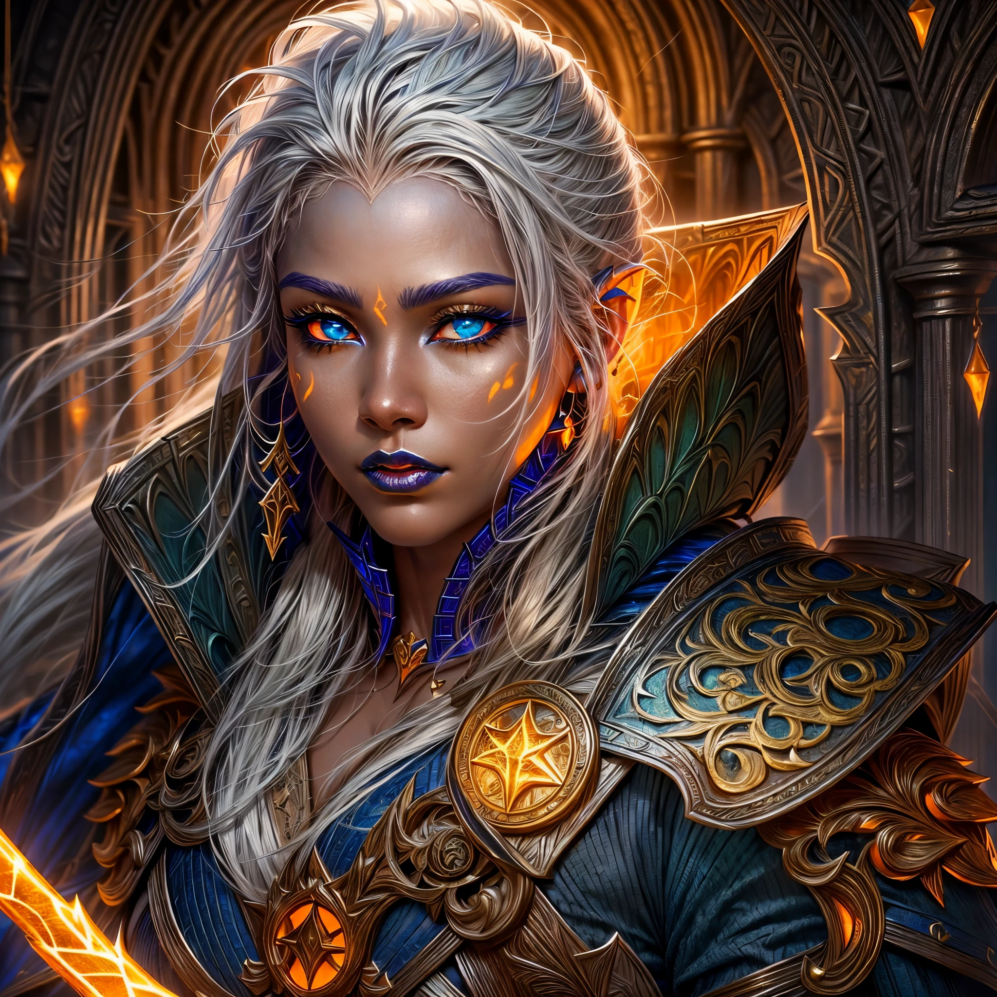fantasy art, dnd art, RPG art, wide shot, (masterpiece: 1.4) portrait, intense details, highly detailed, photorealistic, best quality, highres, portrait a vedalken female (fantasy art, Masterpiece, best quality: 1.3) ((cobalt skin: 1.5)), intense details facial details, exquisite beauty, (fantasy art, Masterpiece, best quality) cleric, (cobalt colored skin: 1.5) 1person blue_skin, blue skinned female, (white hair: 1.3), long hair, intense green eye, fantasy art, Masterpiece, best quality) armed a fiery sword red fire, wearing heavy (white: 1.3) half plate mail armor CM-Beautiful_armor wearing high heeled laced boots, wearing an(orange :1.3) cloak, wearing glowing holy symbol GlowingRunes_yellow, within fantasy temple background, reflection light, high details, best quality, 16k, [ultra detailed], masterpiece, best quality, (extremely detailed), close up, ultra wide shot, photorealistic, RAW, fantasy art, dnd art, fantasy art, realistic art,