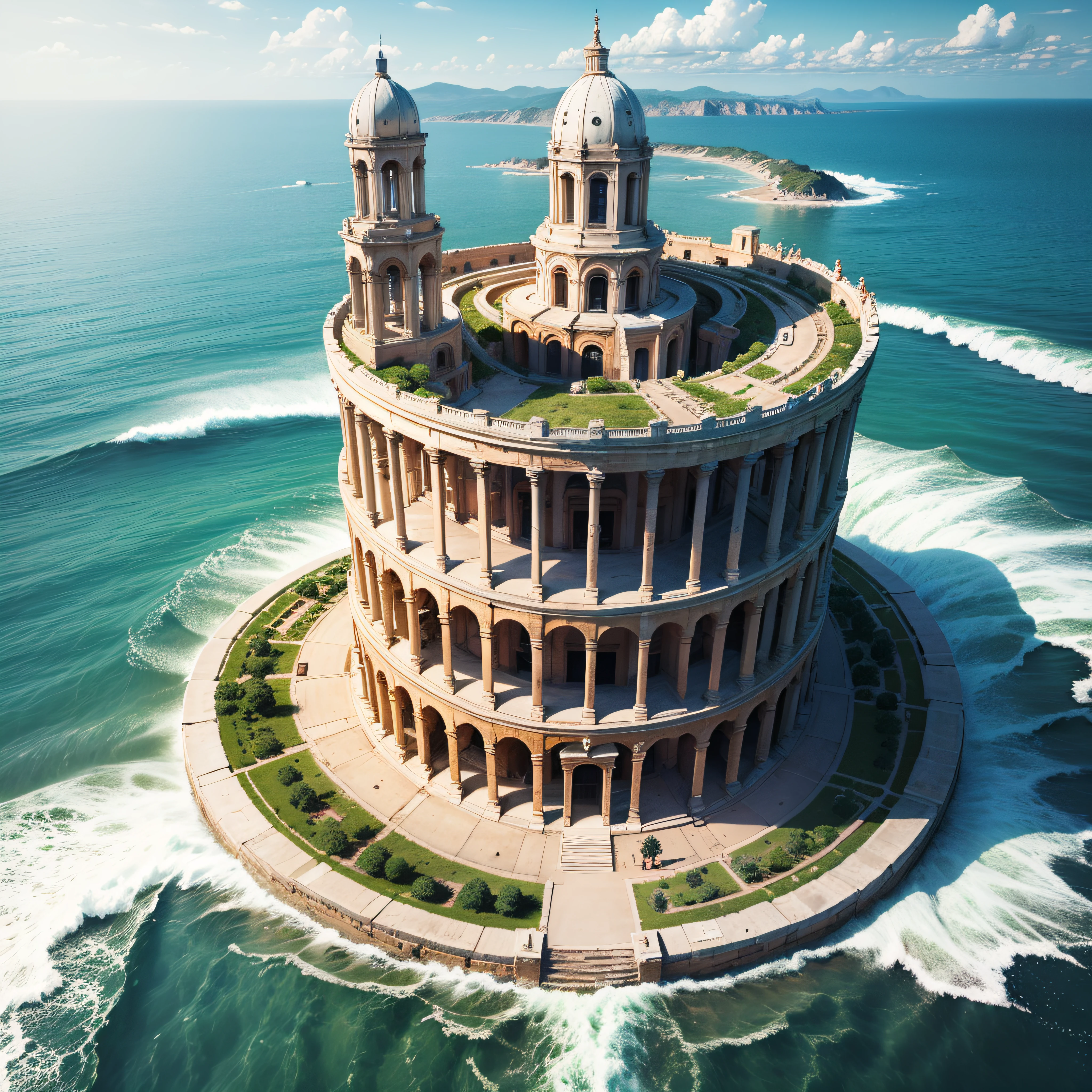 Roman city in the shape of a spiral, sea in the shape of a ball