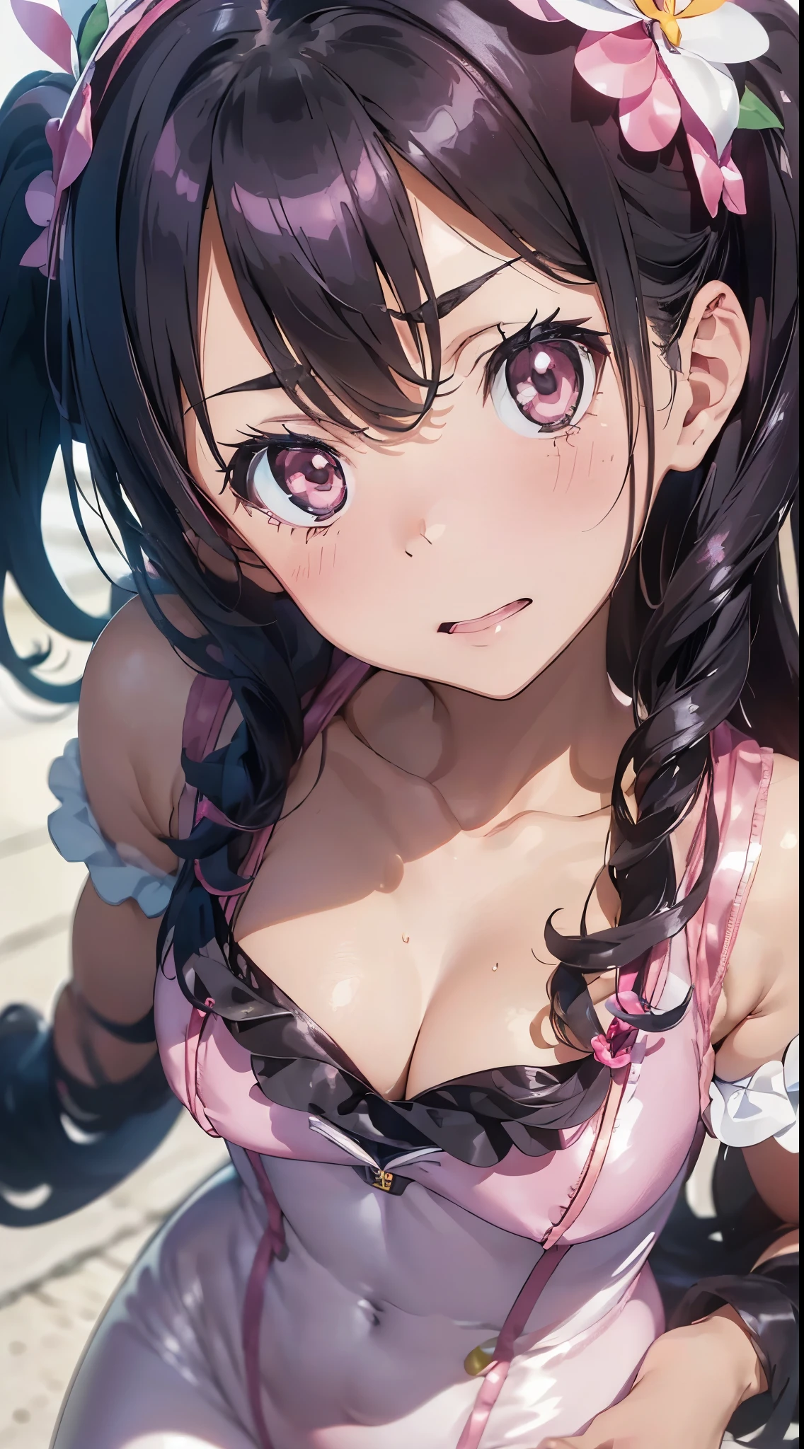 1womanl,Black hair,12year old ,((Impatient expression)),Beautiful breasts,(((Sexy magical girl white and pink shiny bodysuit)))(())(((Blushing cheeks、Surprised look)),(((Satin Narico))),((( portlate))),we have blue eyelashes)))()Street,Crowds(magical girl hair ornament)