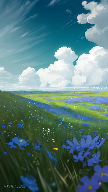 Summer, meadows, a few small flowers, heavenly views, large clouds, blue skies, hot weather, HD detail, wet watermarks, hyper-detail, cinematic, surrealism, soft light, deep field focus bokeh, ray tracing, and surrealism. --v6