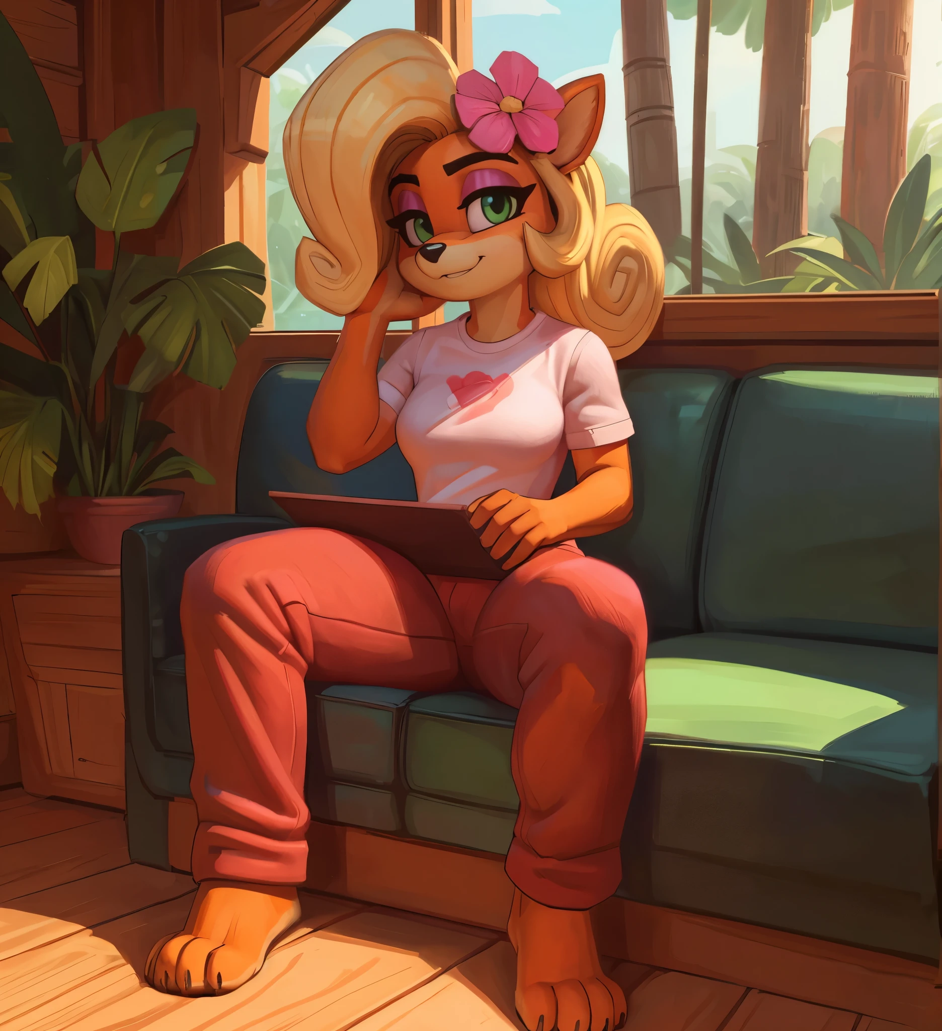 [Coco bandicoot], [Uploaded to e621.net; (Pixelsketcher), (wamudraws)], ((masterpiece)), ((HD)), ((solo portrait)), ((full body)), ((front view)), ((feet visible)), ((furry; anthro)), ((detailed fur)), ((detailed shading)), ((beautiful render art)), ((intricate details)), {anthro; orange fur, black nose, (cute green eyes), (short eyelashes), (pink eyeshadow), blonde curly hair, curly ponytail, (curvy hips), (beautiful legs), (beautiful paws), (blushing), (cute smirk)}, {(white shirt red lining), (red pajama pants), (pink flower on head)}, {(on couch), (typing on pink laptop), (looking at viewer)}, [background; (tropical forest), (tree house), (window), (blue sky), (sun rays)]