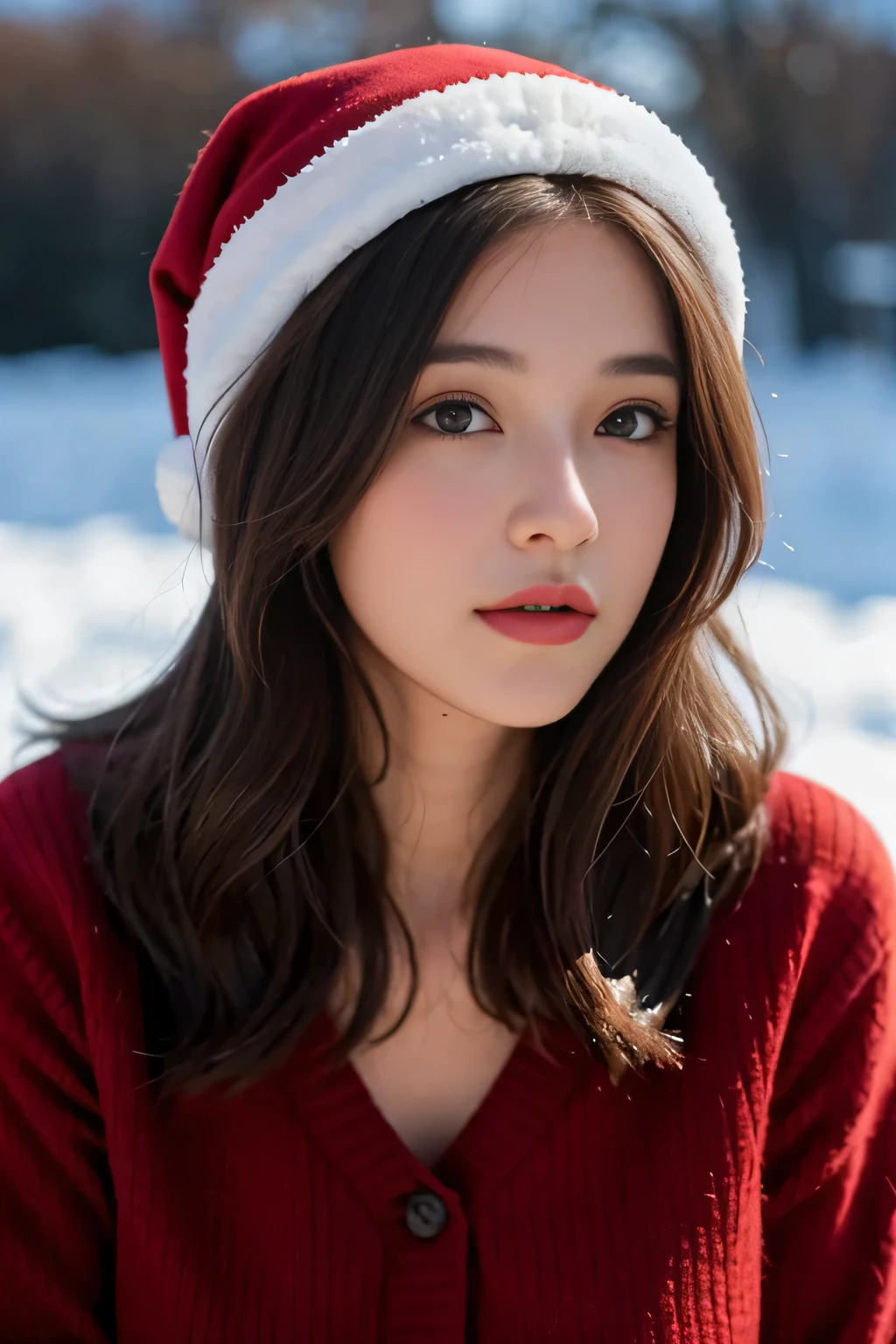 mère noel brune sexy cheveux vagues, avec bonnet du papa noel sur la tete