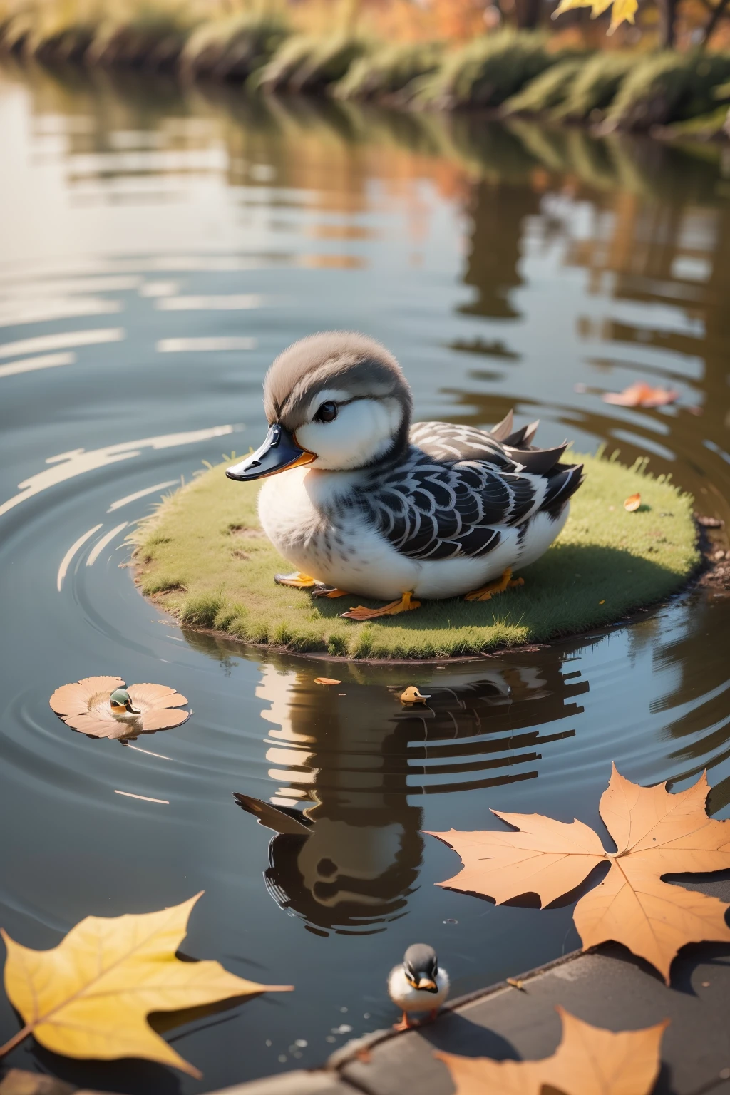 There is a gray duckling in the lake, autumn season