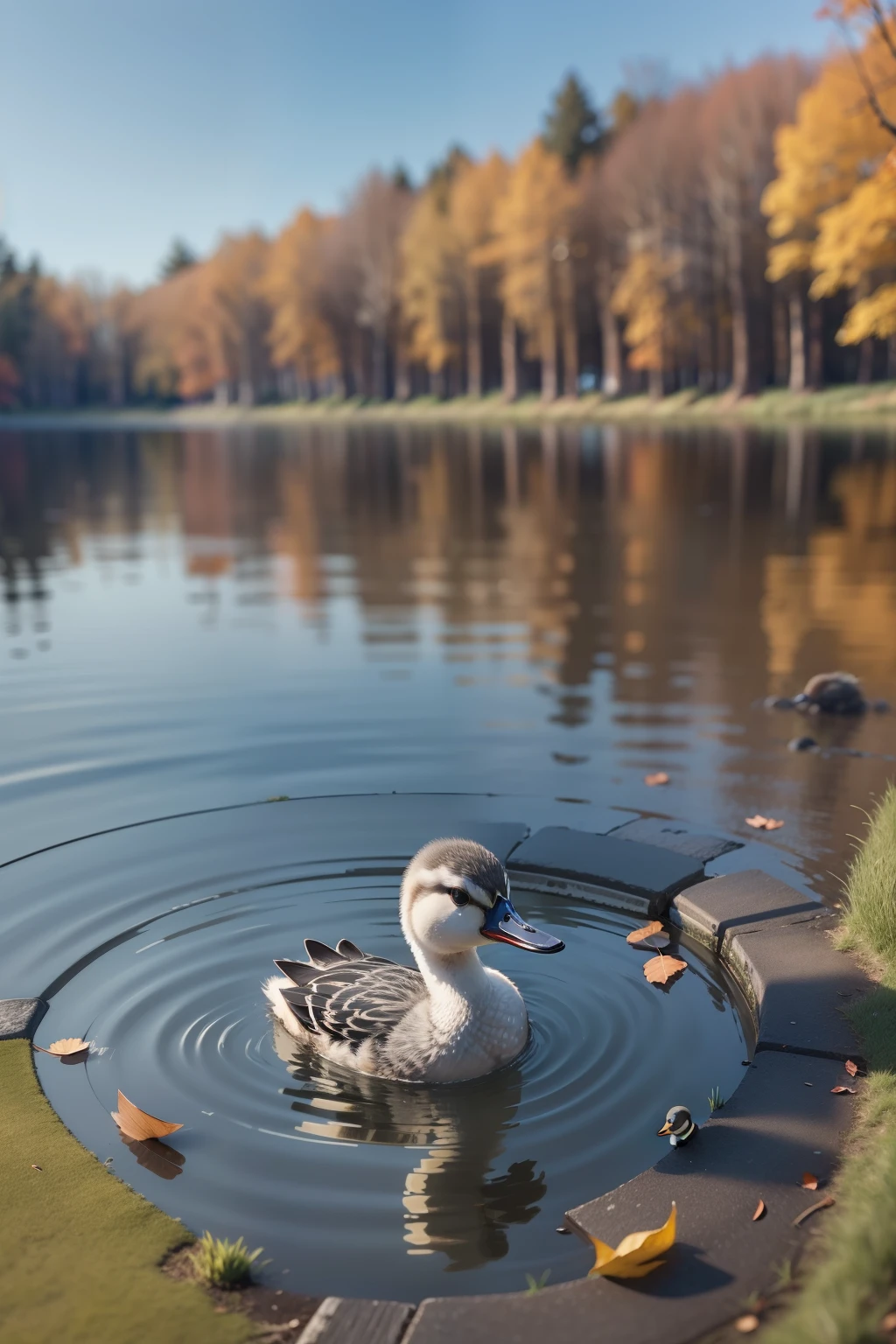 There is a gray duckling in the lake, autumn season