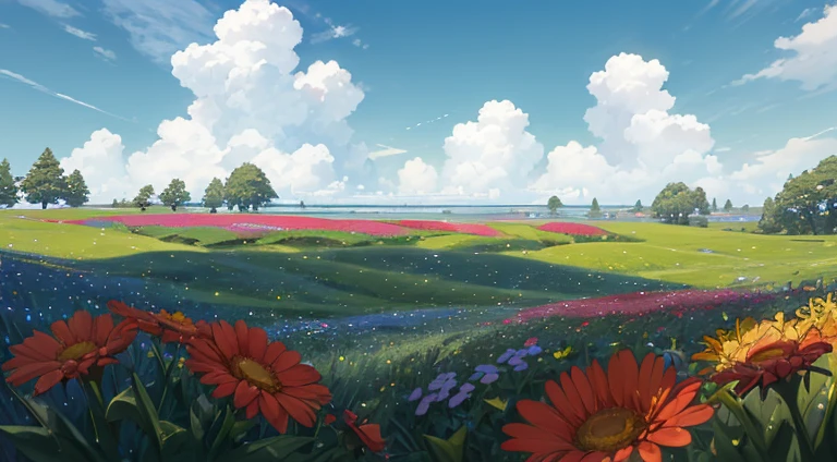 Summer, meadows, a few small flowers, heavenly views, large clouds, blue skies, hot weather, HD detail, wet watermarks, hyper-detail, cinematic, surrealism, soft light, deep field focus bokeh, ray tracing, and surrealism. --v6