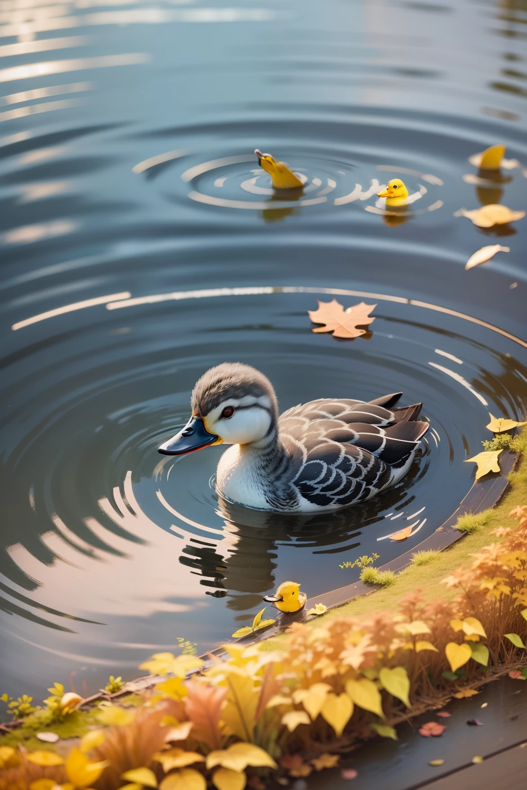 There is a gray duckling in the lake, autumn season