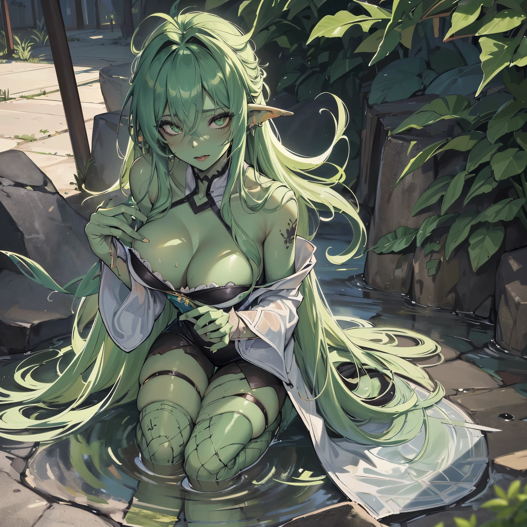 POV, (((Gobelin Monster Girl))), (((dark green skin))), cheveux bleu, Ahegao, Langue sortie, corps parfait, corps principalement recouvert de liquide vert, dripping, dripping saliva, Fishnets, all fours, in the forest, Head tilted in anticipation towards the camera, wet skin, yeux roses, Masterpiece, Hyper realistic anime art, massive amount of sticky green liquid , erotic pose, Seductive, begging, ripped clothing, (en chaleur), dents pointues, tatouages tribaux roses, (LES FESSEesses parfaites, fille solo, entangled, mains magifiques, realistic hands, magnifique illustration,