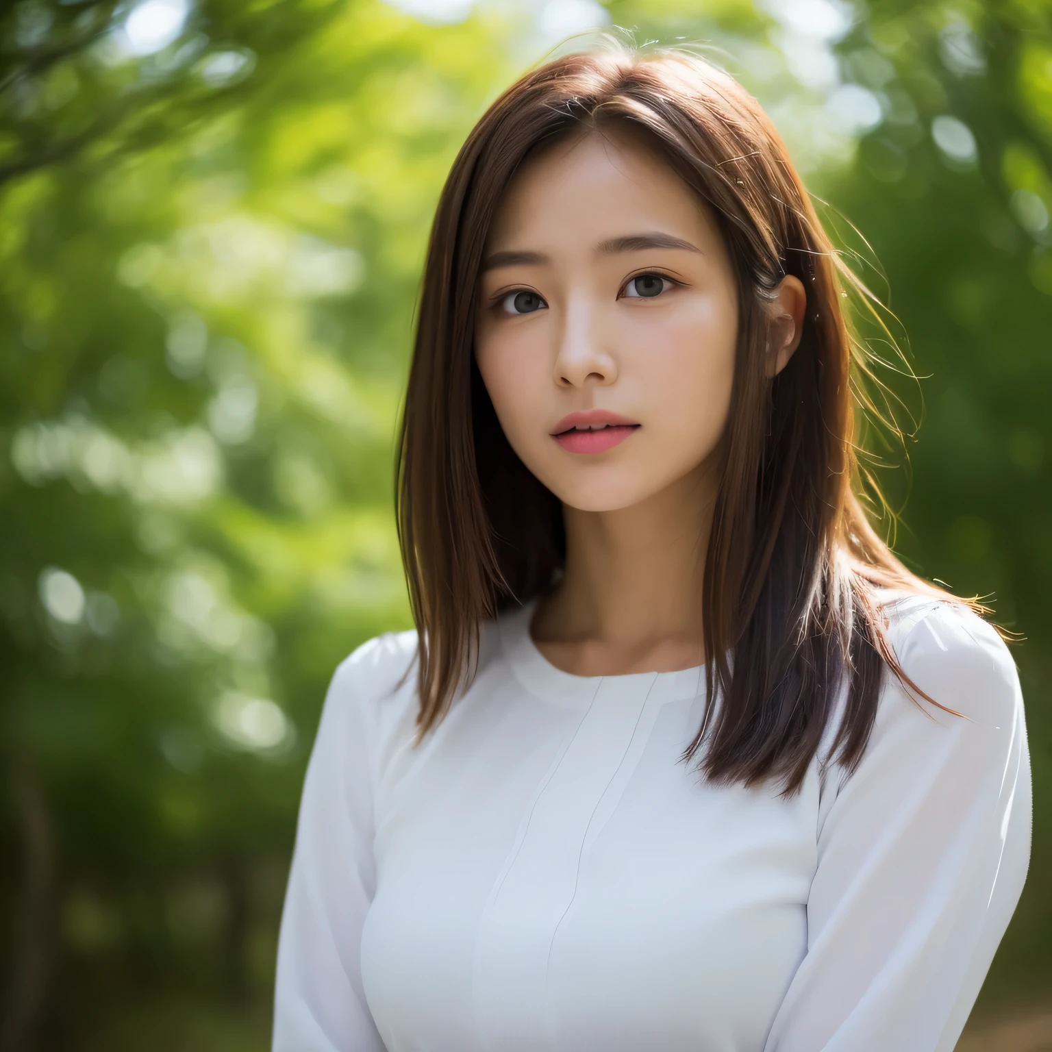 (RAW-Foto, best quality), (realistisch, fotorealistisch:1.3), (straight half of the body: 1.4), Masutepiece, Extremely delicate and beautiful, Weiches Licht, (Braunes Haar, Schulterlanges, glattes Haar, das sich im Wind wiegt), beautiful detailed girl, (Detaillierte Finger), Extrem detailliertes Auge und Gesicht, Beautiful, detaillierte Nase, beautiful detailed eyes, 女の子1人, Chinesisch, Well-groomed and clean beauty, niedlich, Shy Face、 Hemden, Hose, (mid large breasts), realistisch face, Walk along the street with trees