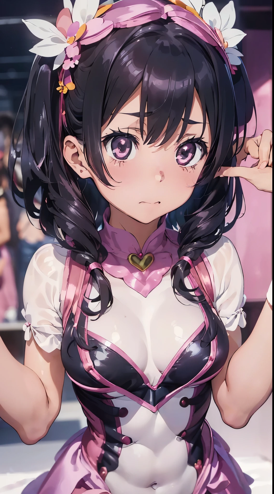1womanl,Black hair,years ,((Impatient expression)),Beautiful breasts,(((sexy magical girl,pink and white shiny bodysuit)))(())(((Blushing cheeks、Surprised look)),(((Satin Narico))),((( portlate))),we have blue eyelashes)))()Street,Crowds(magical girl hair ornament)