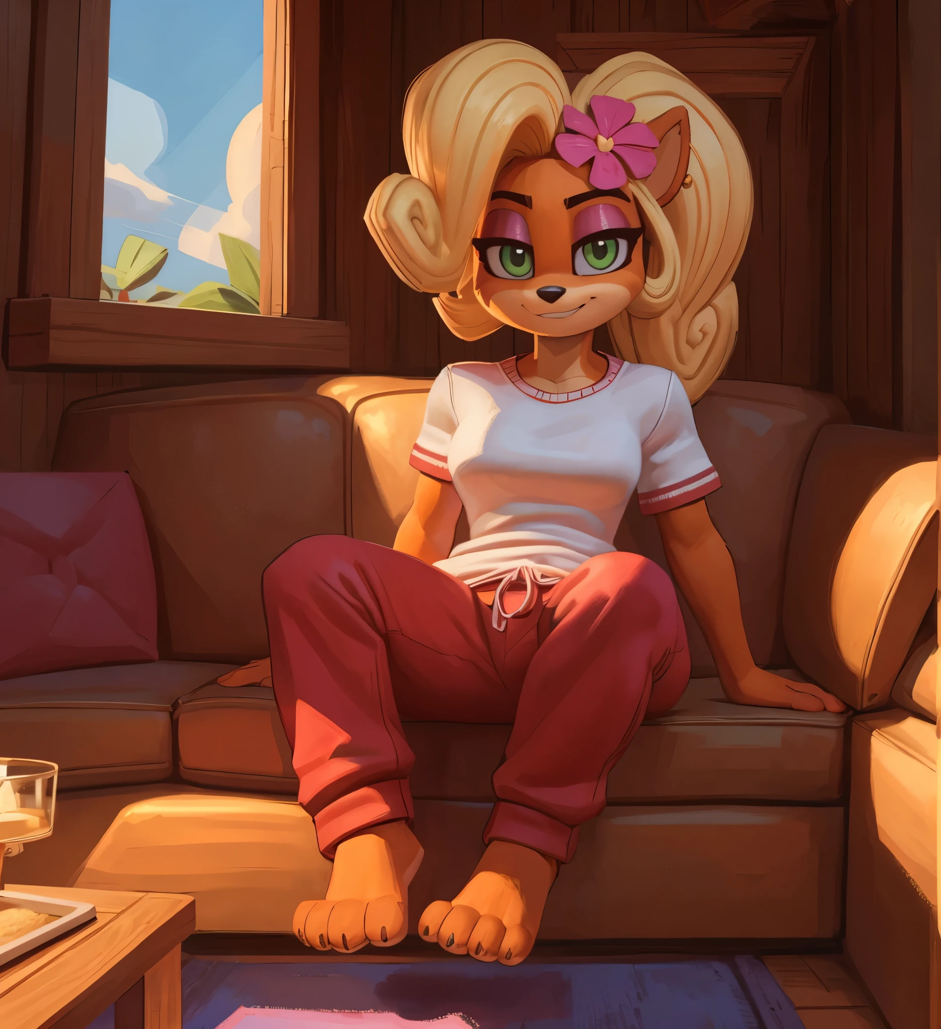 [Coco bandicoot], [Uploaded to e621.net; (Pixelsketcher), (wamudraws)], ((masterpiece)), ((HD)), ((solo portrait)), ((full body)), ((front view)), ((feet visible)), ((furry; anthro)), ((detailed fur)), ((detailed shading)), ((beautiful render art)), ((intricate details)), {anthro; orange fur, black nose, (cute green eyes), (short eyelashes), (pink eyeshadow), blonde curly hair, curly ponytail, (curvy hips), (beautiful legs), (beautiful paws), (blushing), (cute smirk)}, {(white shirt red lining), (red pajama pants), (pink flower on head)}, {(on couch), (looking at viewer)}, [background; (tropical forest), (tree house), (window), (blue sky), (sun rays)]