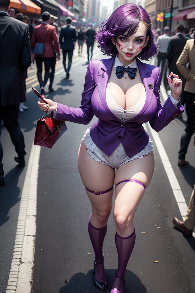 Joker dressed as a girl, full body shot, on the crowded street, giga_busty