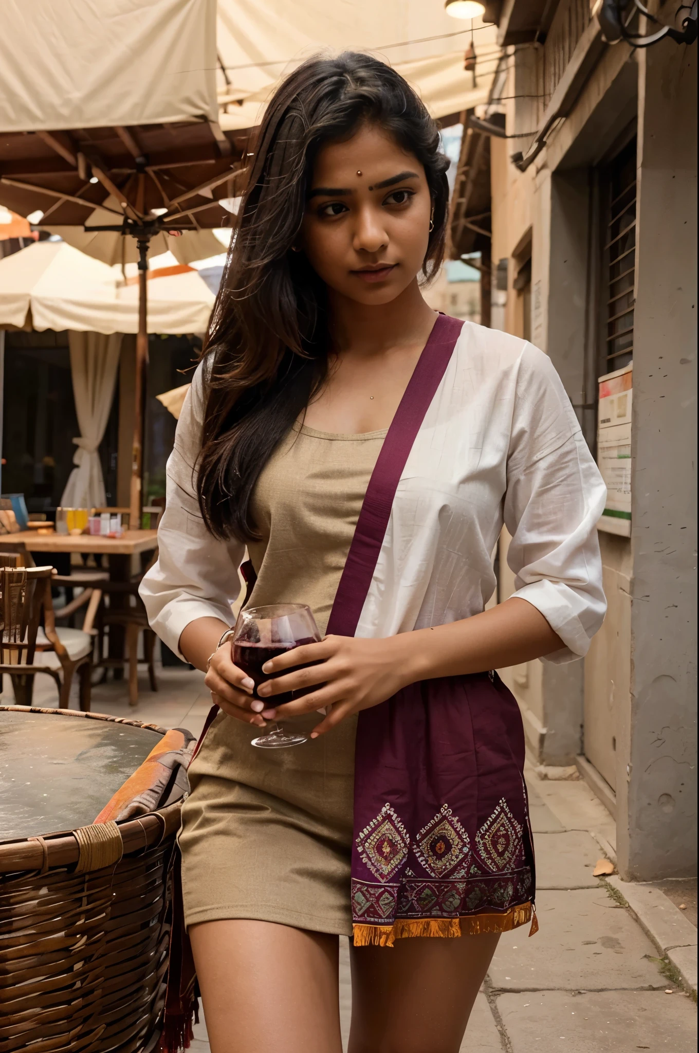 Craft a hyper realistic and vivid description of an exceptionally attractive Gen Z Indian girl who skillfully fuses traditional elements with contemporary style. capture she is drinking wine in public and in sorts clothes