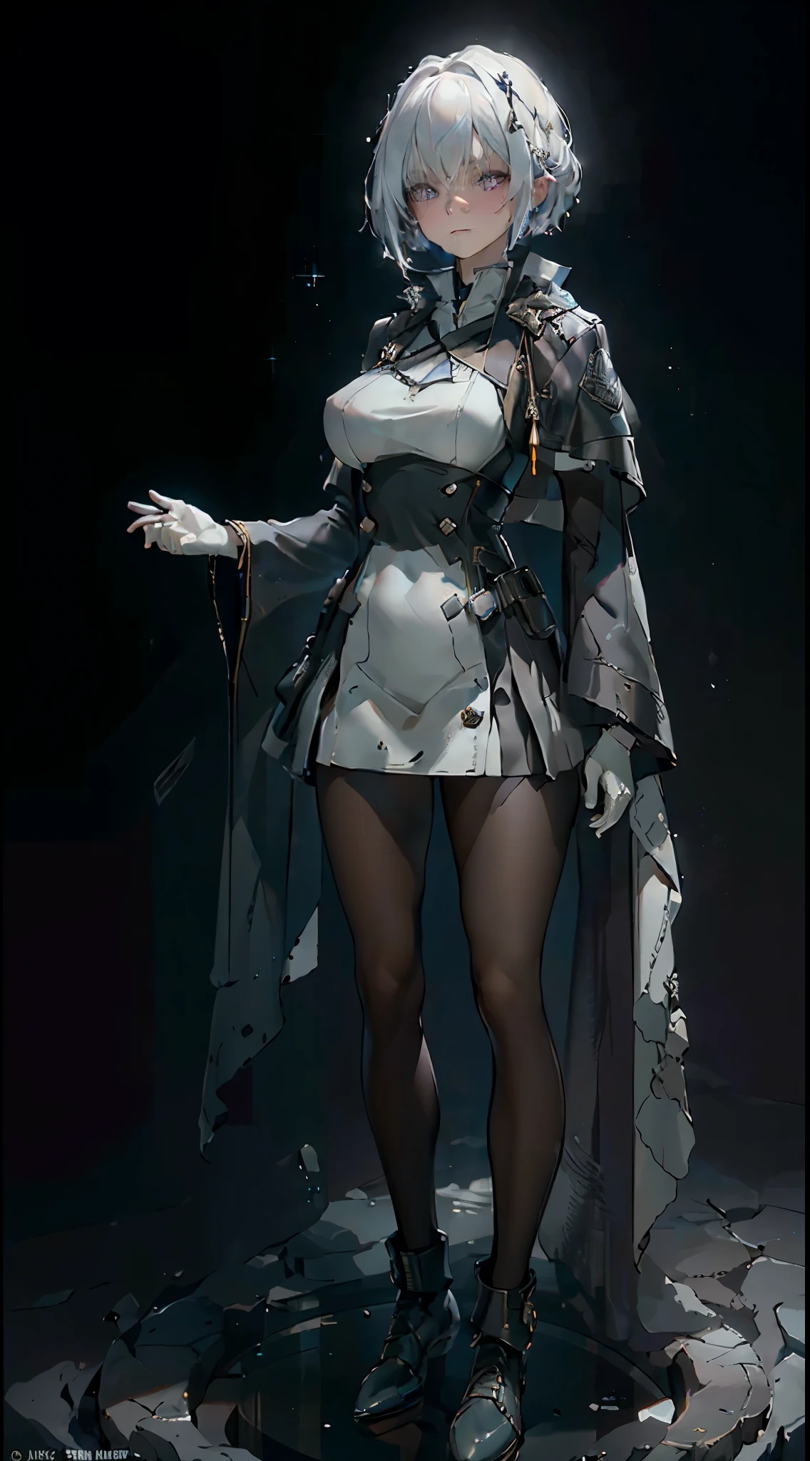 1 Girl, Mature, Solo , Alone, A Single Human, Big Chest, Violet Eyes, , Hair accessories, White Bob Hair, Short Hair, Silver Hair, Bang, hair between eyes, military uniform, black dress, cape, white gloves, pantyhose, high heel boots, Explosion, Standing Alone in the middle, Sci-fi City, ((Best quality)), ((masterpiece)), 3D, HDR (High Dynamic Range),Ray Tracing, NVIDIA RTX, Super-Resolution, Unreal 5,Subsurface scattering, PBR Texturing, Post-processing, Anisotropic Filtering, Depth-of-field, Maximum clarity and sharpness, Multi-layered textures, Albedo and Specular maps, Surface shading, Accurate simulation of light-material interaction, Perfect proportions, Octane Render, Two-tone lighting, Wide aperture, Low ISO, White balance, Rule of thirds,8K RAW, Aura, masterpiece, best quality, Mysterious expression, magical effects like sparkles or energy, flowing robes or enchanting attire, mechanic creatures or mystical background, rim lighting, side lighting, cinematic light, ultra high res, 8k uhd, film grain, best shadow, delicate, RAW, light particles, detailed skin texture, detailed cloth texture, beautiful face, (masterpiece)