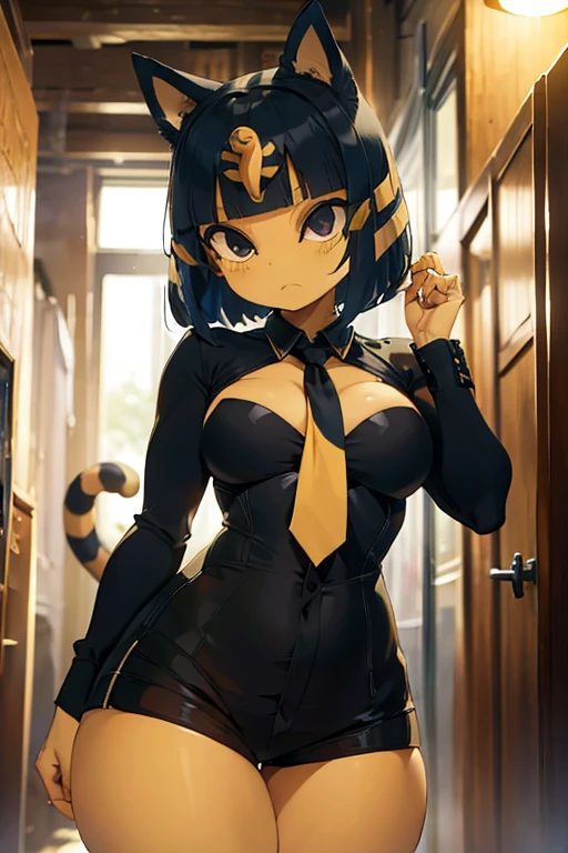 ankha, anime style, catgirl, cat ears, yellow fur, blue hair, blue cat tail, yellow stripes tail, shorts hair, wide hips, thick thighs, huge round ass, medium breast, business suit, formal suit, white shirt, long sleeve black formal suit, black necktie, black strict trouser, secretary pose, office, absurdres, high res, ultrasharp, 8K, masterpiece, looking at viewer