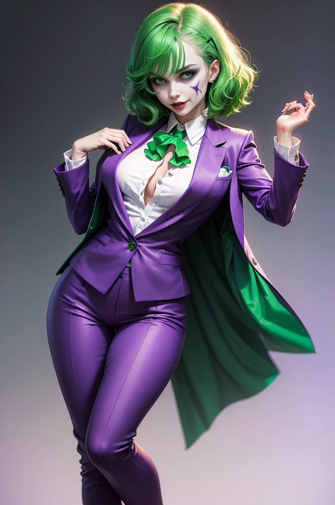 Joker dressed as a girl, full body shot,  green hair, green eyes, purple pants, purple suit
