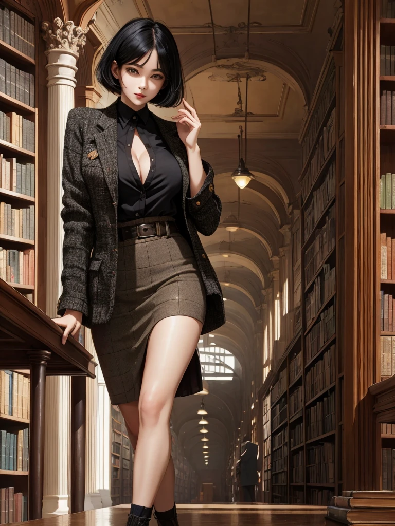 sprawling library, pretty young woman, manga art, short bob black hair, tight tweed jacket, silky black blouse, large breast, reading large old book, surrounded by antique books, background huge spacious library, tall bookshelves, marble pillars, masterpiece, intricate detail