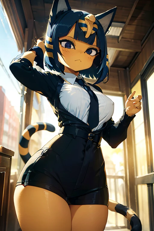 ankha, anime style, catgirl, cat ears, yellow fur, blue hair, blue cat tail, yellow stripes tail, shorts hair, wide hips, thick thighs, huge round ass, medium breast, business suit, formal suit, white shirt, long sleeve black formal suit, black necktie, black strict trouser, secretary pose, office, absurdres, high res, ultrasharp, 8K, masterpiece, looking at viewer