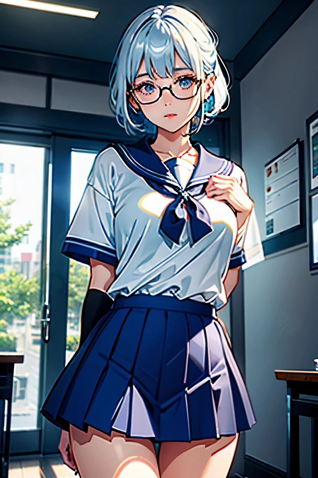 (Very detailed Unity 8K CG wallpapers)、最高品質、single、1girl in、Beautiful, detailed blue pupils Very delicate and beautiful)、(Beautiful and detailed eye description.)、ultra-detail、master-piece、))、Colossal、Atlibrary、Put your hands on it.、real light、Sailor Mercury、whitehair 、School uniform、eye glasses、pantylines