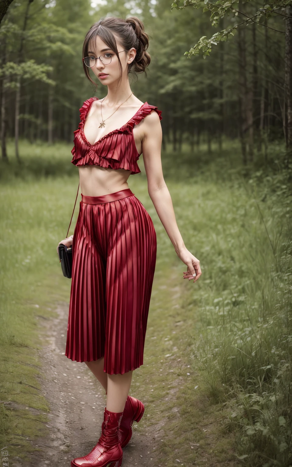 (8K, Masterpiece, RAW photo, Best quality, detail:1.3), (ultra realistic Natural background, scenary:1.5), Depth of field, Cinematic light, (ultra realistic face), (1 picture of 1 solo girl Airim Jones:1.6), 1girl, (Beautiful and elegant Russian girl), (skinny girl with glasses), (European face:1.3), (perfect complete full body:1.5), (small necklace, collarbone:1.1), ( [bangs|pigtails|bob|pixie] hair:1.5), (ultra detailed skin:1.4), (sexy red outfit:1.6), (Pleated Culottes:1.55), (perfect standing pose:1.5), (perfect long legs:1.4)