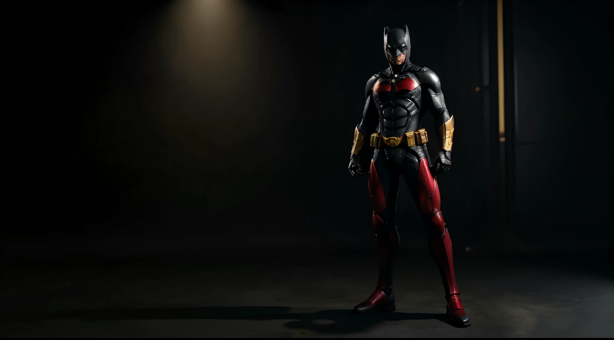 Full body Batman in advanced suit, gold and red, science fiction, unreal engine , high detail, industrial design, 8k HD,