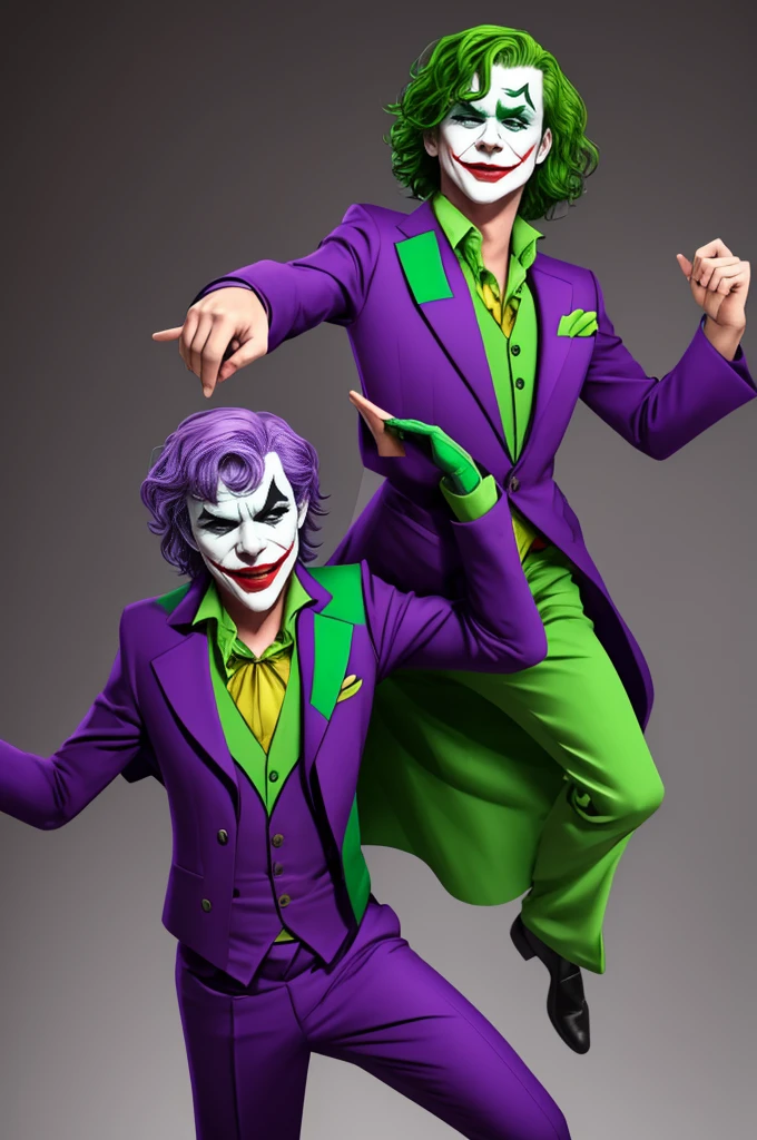 Joker dressed as a girl, full body shot,  green hair, green eyes, purple pants, purple suit