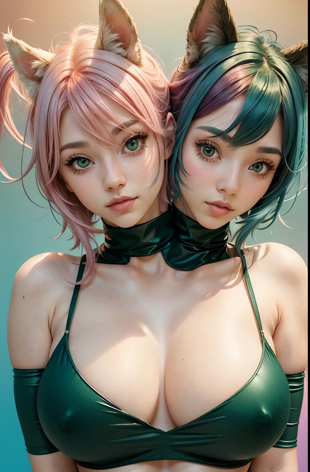 1girl, animal_ears, gradient, gradient_background, green_background, looking_at_viewer, pink_hair, solo by JM, (two heads)