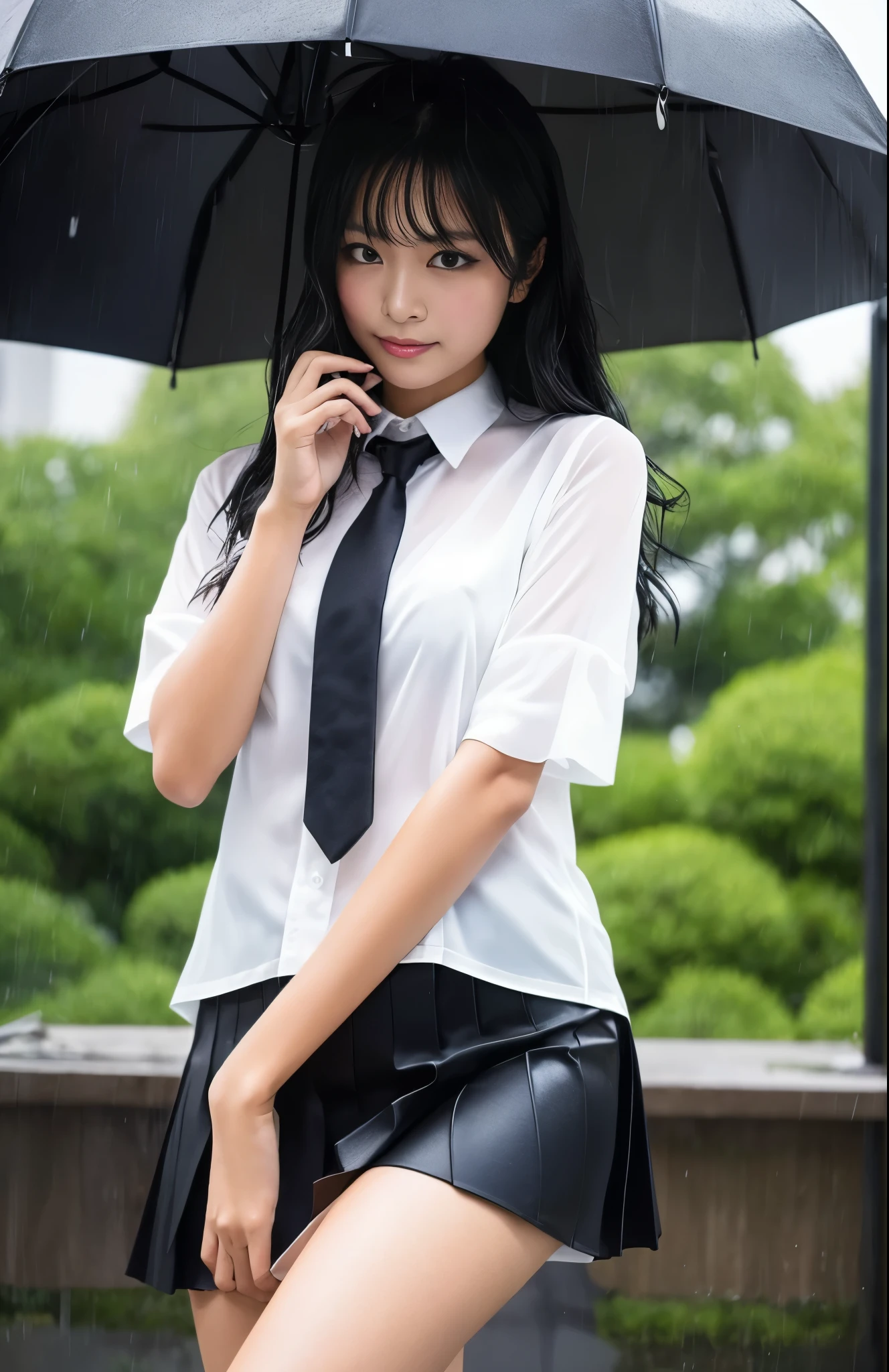 1girl in, Long Black Hair,Schoolgirl Uniform, Shy, blush, Wet, Rain, Transparent, (masutepiece, Best Quality), Soft light, Cinematic composition, Cinematic Light