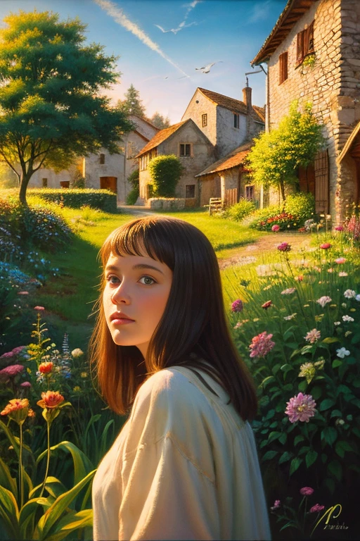 realistic dunkel oil painting of a young beautiful girl in ragged clothesin a medieval village at sunrise, moosig, Nebel, neblig, Schatten, Nebelerious, Mithical, dunkel, Lichtstrahlen scheinen durch den Wald, Ambiente, Depth of field, Volumetrische Beleuchtung, Filmische Beleuchtung, launisch, heavy dunkelness, Schwarzer Himmel, Perspektive mit niedrigem Winkel, von Eyvind Earle