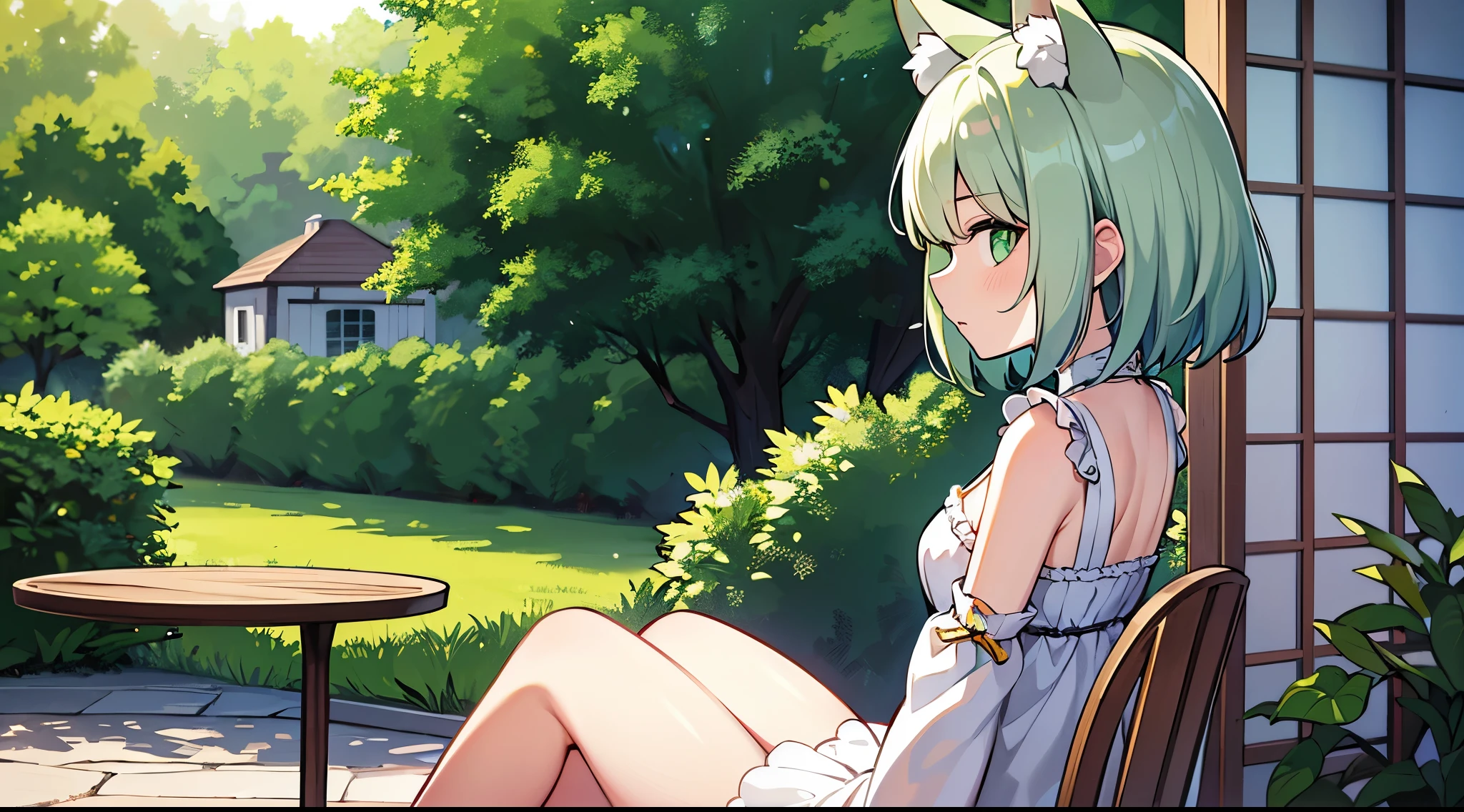 masterpiece, best quality,ultra-detailed,hyper details, cinematic light,, 1girl, solo, sit, outdoor, summerhouse, sitting in the summerhouse,  plants, table, chandelier, candle, wind, green eyes, pan-green silver hair, short hair, animal_ears, animal_ear_fluff, floating hair, light, light frown, profile,looking at viewer, dynamic_angle