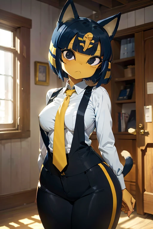 ankha, anime style, catgirl, cat ears, yellow fur, blue hair, blue cat tail, yellow stripes tail, shorts hair, wide hips, thick thighs, huge round ass, medium breast, business suit, formal suit, white shirt, long sleeve black formal suit, black necktie, black strict trouser, secretary pose, office, absurdres, high res, ultrasharp, 8K, masterpiece, looking at viewer