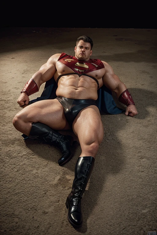 man, superhero, bbw, full body, muscle, hombre, boot, defeated, lying,