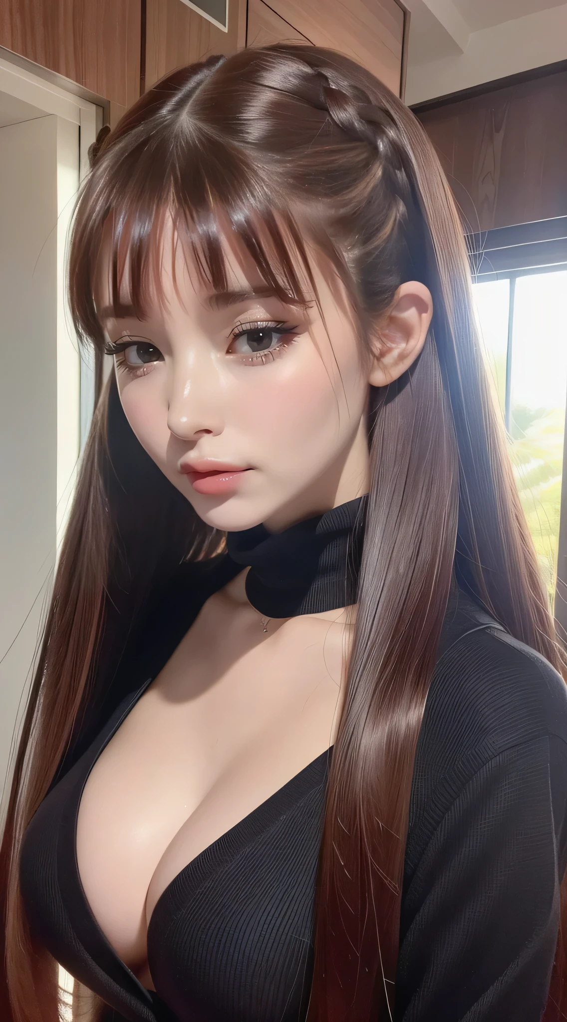 Extreme close-up,1girl in,(Ultra detailed skin),Curve,Petite,Beautiful breasts,(Large breasts),pale skin,pointed breast,Erect nipples,(Fantasy Art,Highest image quality,Hyperrealist portrait,(8K),Ultra-realistic,Best Quality, High quality, High Definition, High quality texture,high detailing,Beautiful detailed,fine detailed,extremely details CG,Detailed texture,realistic representation of face,masutepiece,presence,Dynamic,Bold),Ponytail,(super thin hair),(ultra soft hair),(ultra straight hair:1.5),Swept long bangs,Extra bright coppery amber hair,Hair over one eye,Clothed,School uniform