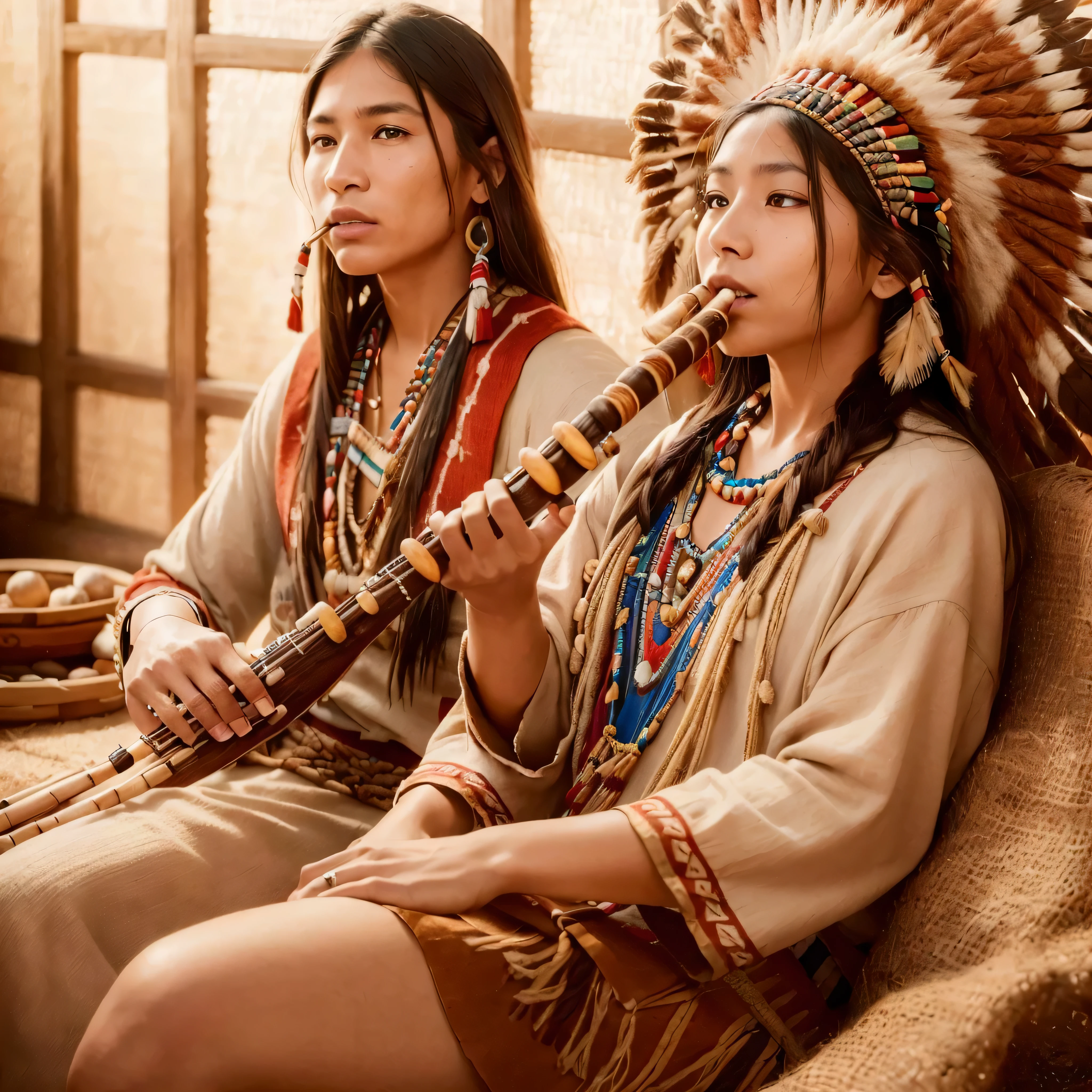 A Native American tribe playing a wooden flute, (best quality, 8K, masterpiece:1.2, photorealistic:1.4), beautiful lighting, detailed facial features, intricate traditional clothing, serene natural background, soft and warm colors, mystical atmosphere, mesmerizing musical notes