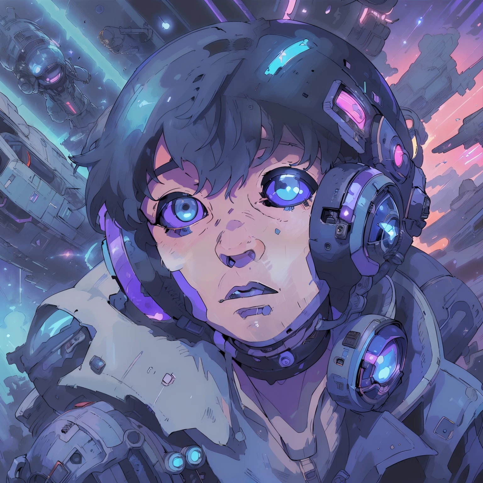 (a boy in a spacesuit),(anime style90),(best quality,HD:1.2),(cyberpunk theme),(programmer),(space in the background),vivid colors,neon lights,detailed helmet,advanced technology,code lines,keyboard,a futuristic city,glowing screens,sci-fi elements,star-filled sky,moon in the distance,cybernetic enhancements,hi-tech gadgets,dreamy atmosphere,outer space,cosmic energy,action-packed,energetic pose,exciting scenes,sharp focus,secret mission,adventure in the unknown,dark shadows,technological advancements,mysterious aura,dystopian future,a masterpiece of art,ultra-detailed, intense expressions,electric blue hues,sleek design,anime artwork