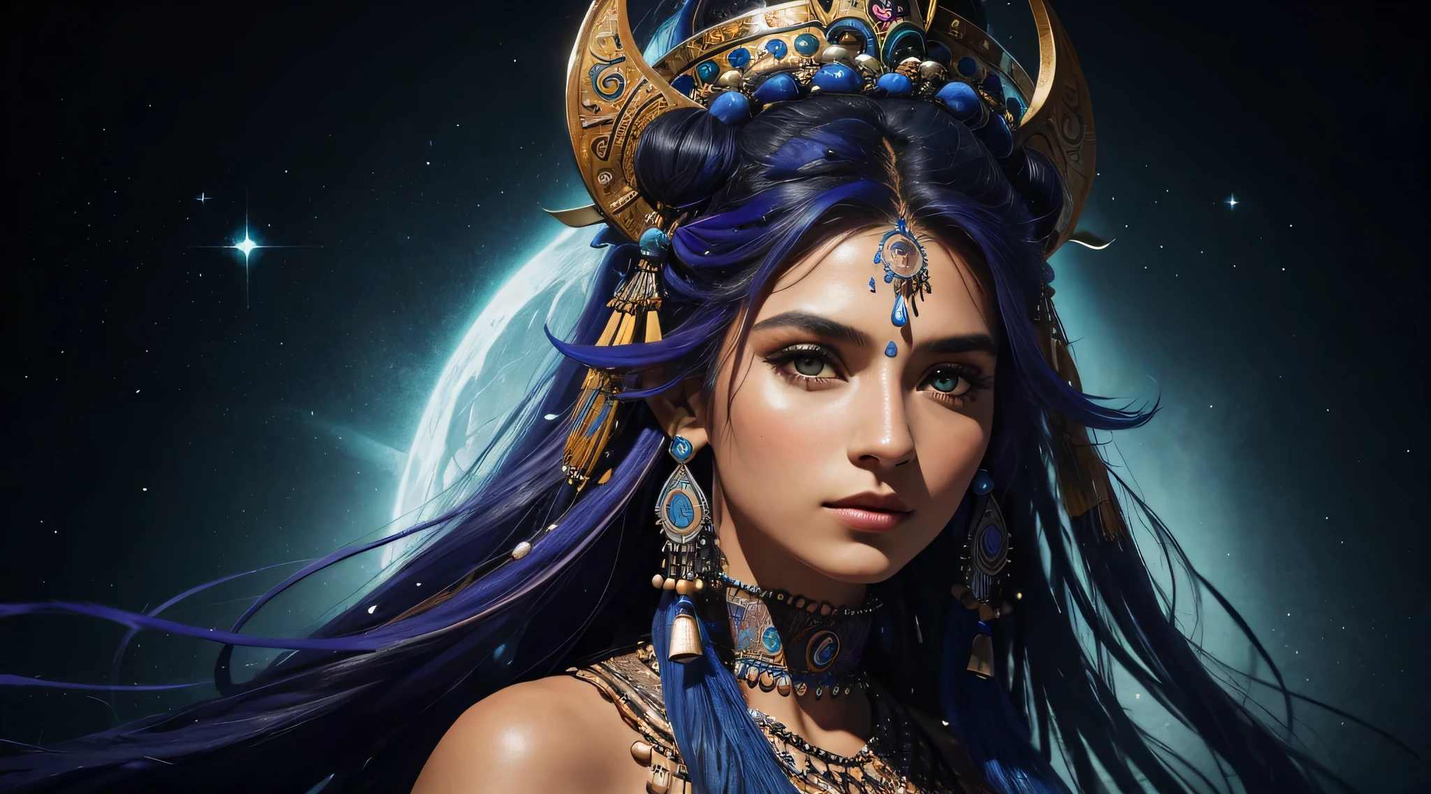 (alta qualidade), (8k ultra hd |), altamente detalhado, Full portrait detail of the beautiful shaman queen, Imagem detalhada de um poder animal, a mesmerizing 20-year-old with an ethereal beauty that rivals that of the stars, awesome full color