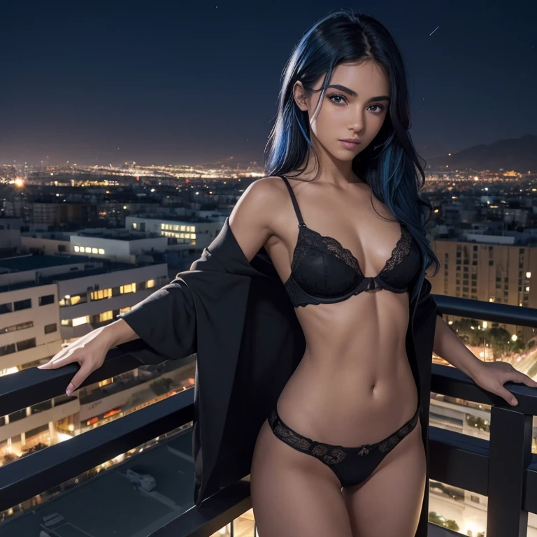 ((La mejor calidad, 8k, Obra maestra :1.3)), todo el cuerpo, foco nítido :1.2, Una mujer bonita con una figura perfecta :1.4, abdominales delgados :1.2, ((de cabello azul oscuro, small breasts :1.2)), tanga :1.1, (Vista nocturna de la ciudad, Modern balcony :1.1), Highly Detailed Face and Skin Texture, ojos detallados, 二重まぶた