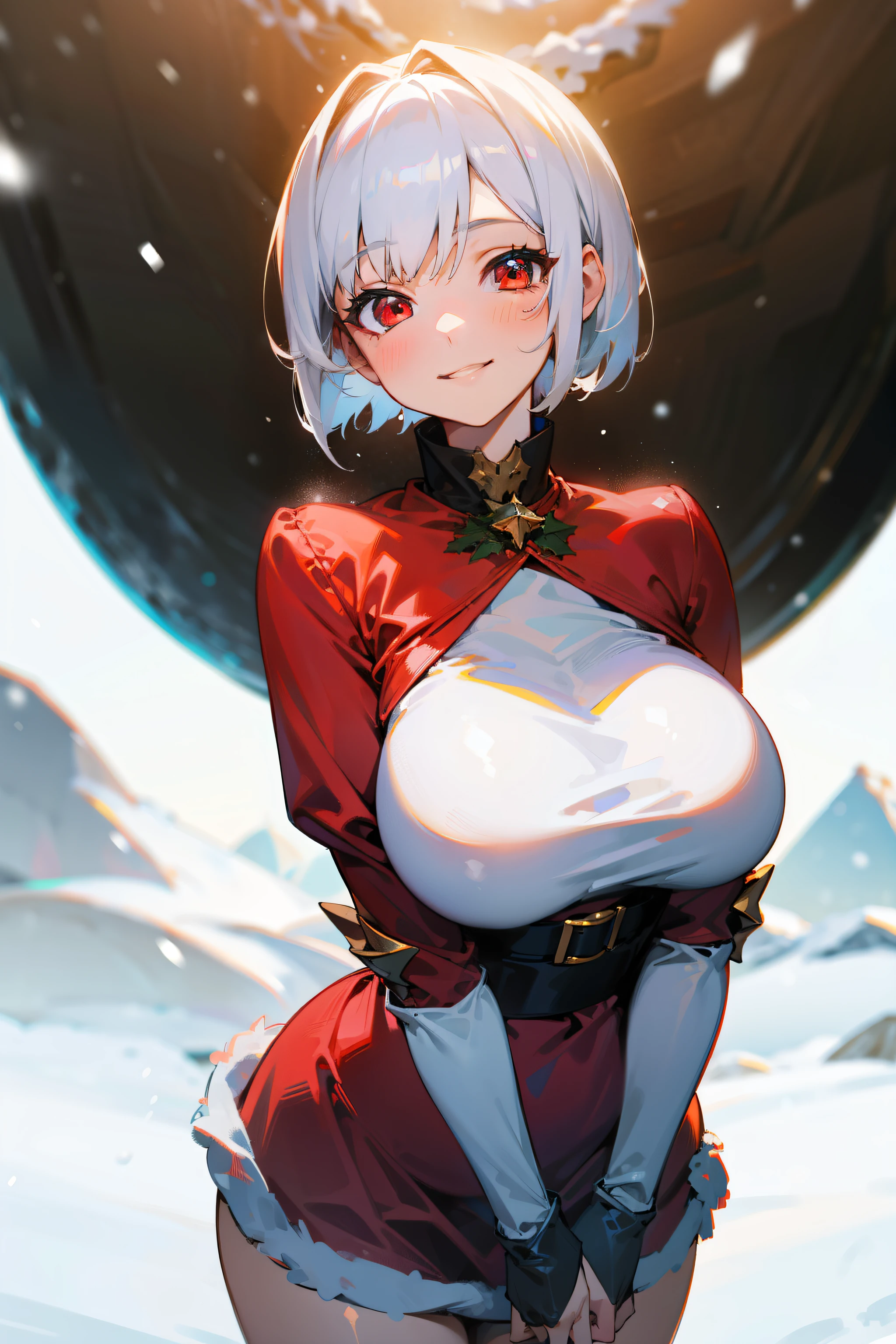 redraw, 1girl, christmas outfit, white short hair, red eyes, big breasts, smile, snow background, masterpiece, ultra-detailed