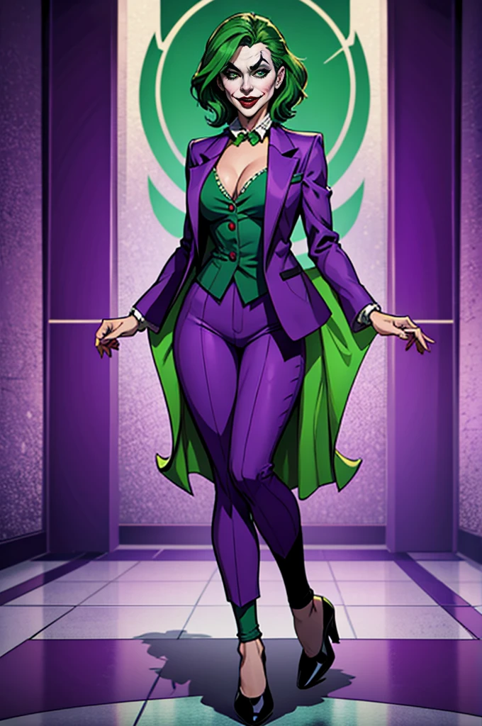 Joker dressed as a girl, full body shot, green hair, green eyes, purple pants, purple suit