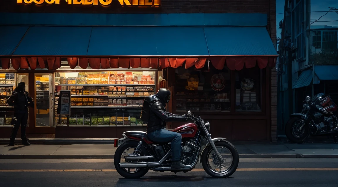 creepy biker sitting on his motorcycle in front of a grocery store at dusk