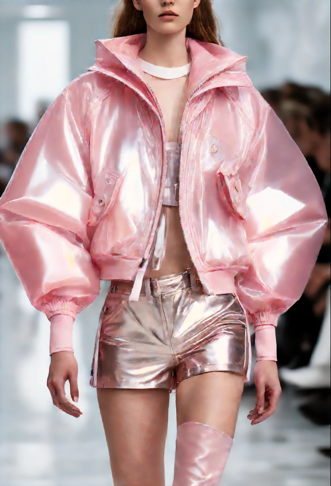 futuristic fashion show,Translucent ethereal alienuturistic pink jacket bubble in shop bag fashion show,High-tech catwalks,Retro British collection top crop metal