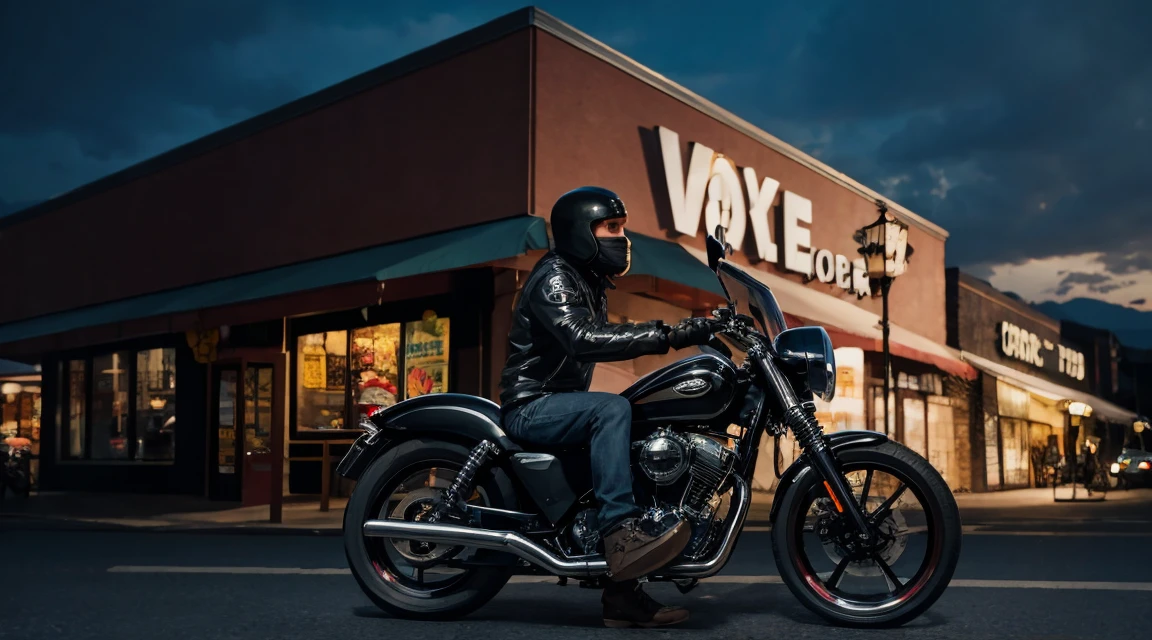 creepy biker on his motorcycle in front of a grocery store at dusk