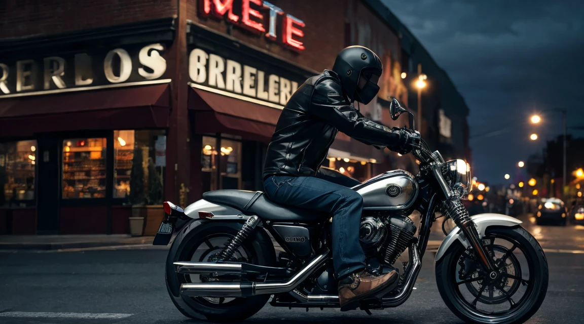 creepy biker on his motorcycle in front of a grocery store at dusk