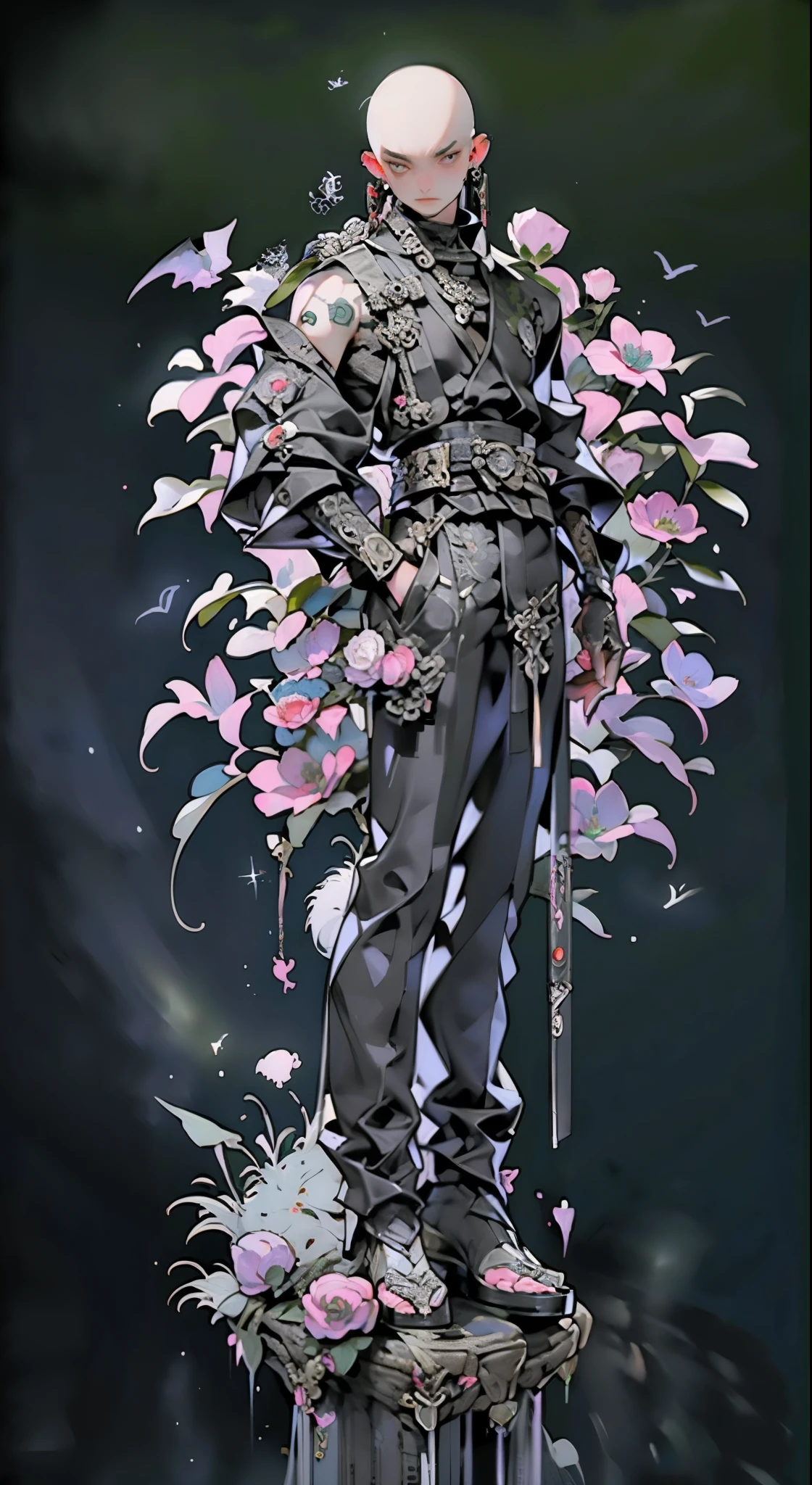01_(Stylized character concept art), (1.full body figure), (3D character concept), (game character design).
(Description of the hero), (a young man, a Shaolin monk who combines traditional elements of ancient Chinese martial masters and modern urbanized details of appearance). (A smoothly cropped head, a piercing gaze, this is a fighter, an artist, a cyber-mage. He has a strong physique, a bald head, a strong neck, shoulders, arms, strong legs). (Dressed in a loose silk kimono, decorated with traditional Chinese patternlowers, peonies, skulls, birds. A wide belt girds a strong torso, the open chest is covered with rosary beads. Arms and legs are protected by combat protective elements in a futuristic style, cyberpunk, cyber fighter. ! On her feet are cool white shoes, with thick soles!). (His weapon, the magic of fine arts, is armed with a long pole, this is a technological device, vaguely reminiscent of a traditional fighting pole, metal, electronic, cyber weapons. With the help of virtual images, the Fighter Monk is able to recreate various elements in space; dragons, demons, birds, flowers, and dead people. He is depending on the level of accumulated energy and the presence of “primary elements”).
02_The image is made in the style of a concept sheet, white background, (one character, full height), weapons in hands, (spectacular dynamic - combat pose with a pole, creates a combat phantom in space). (Clothing colors, muted orange, metal elements, plastic; Cyberpunk style, future fighter).
03_Stylization, game character concept, white background, one full-length hero. Stylization; fantasy - cyberpunk, Riot Games, League of Legends, World of Warcraft. 3D character, game model, high quality – artistic hand-drawn 2D textures; (diffusion, transparency, glow, relief.) Rich, balanced color scheme, linear graphic outline in black.