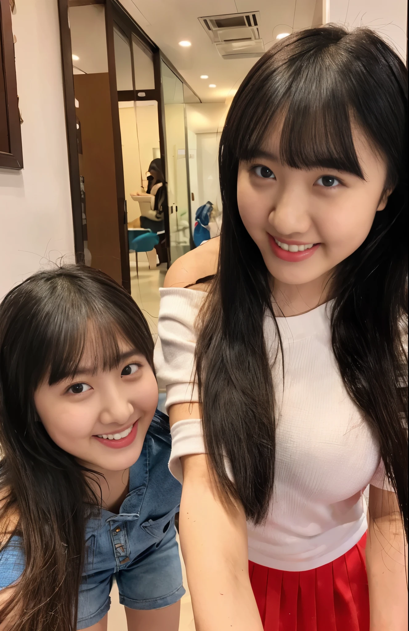 highest quality、details eyes、beautiful eyes、perfect eyes、Detailed hair、beautiful hair、perfect hair、8K、head of details、beautiful head、Perfect head、NSFW , , (cute little , 20 year old , Japanese , female high-school student、fashion model , 3 girls in , petite figure、with a height of 134cm、Petite Body、Short Body , ) , (Brunette Hair , ) , (Heavy breathing、Provocative facial expressions、Looking at the camera、blushing , Full Mouth、Grin Mouth , black eyes , 0) , ( White Off-shoulder Short Sleeves , Pussy is visible、Her calves are exposed、her breasts and nipples are exposed、The clothes are fluffy)(full body、whole body capture , medium-full shot、High-angle , legs wide open)(swimming pools , natural lighting) ,