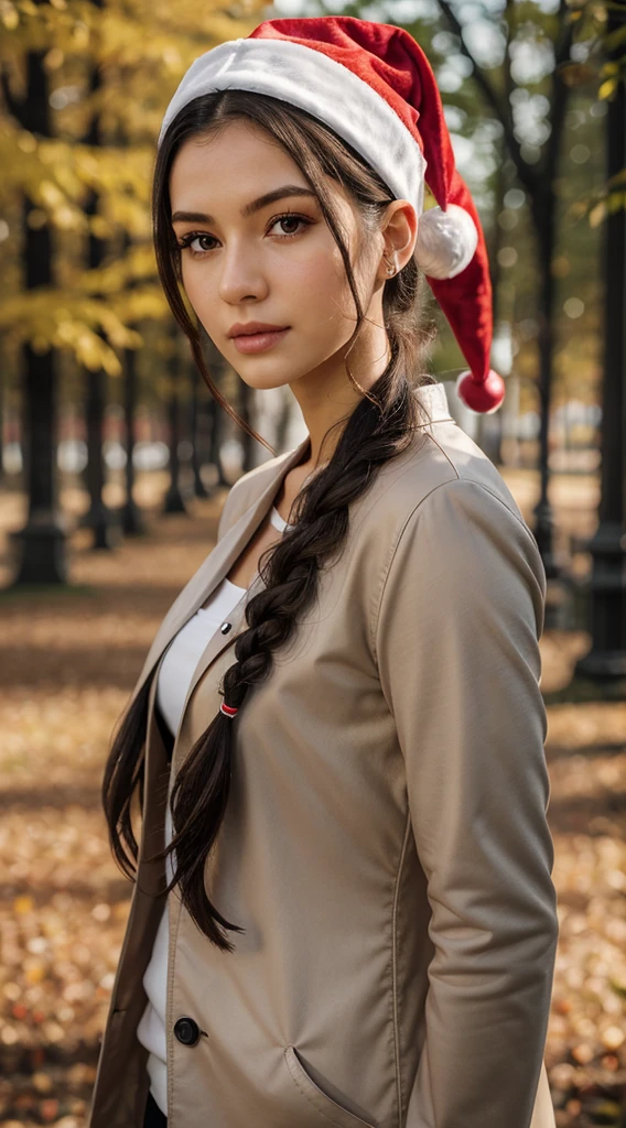 RAW, professional photograph, medium shot, photorealistic, realistic lights, realistic shadows, hyper-realistic, ray tracing, super detail, UHD, 8k, female, twenty years old, athletic body, soft facial features, long braided hair, Celtic hairstyle, straight hair, white hair, gray eyes, Santa Claus clothing, forest in winter, sharp image