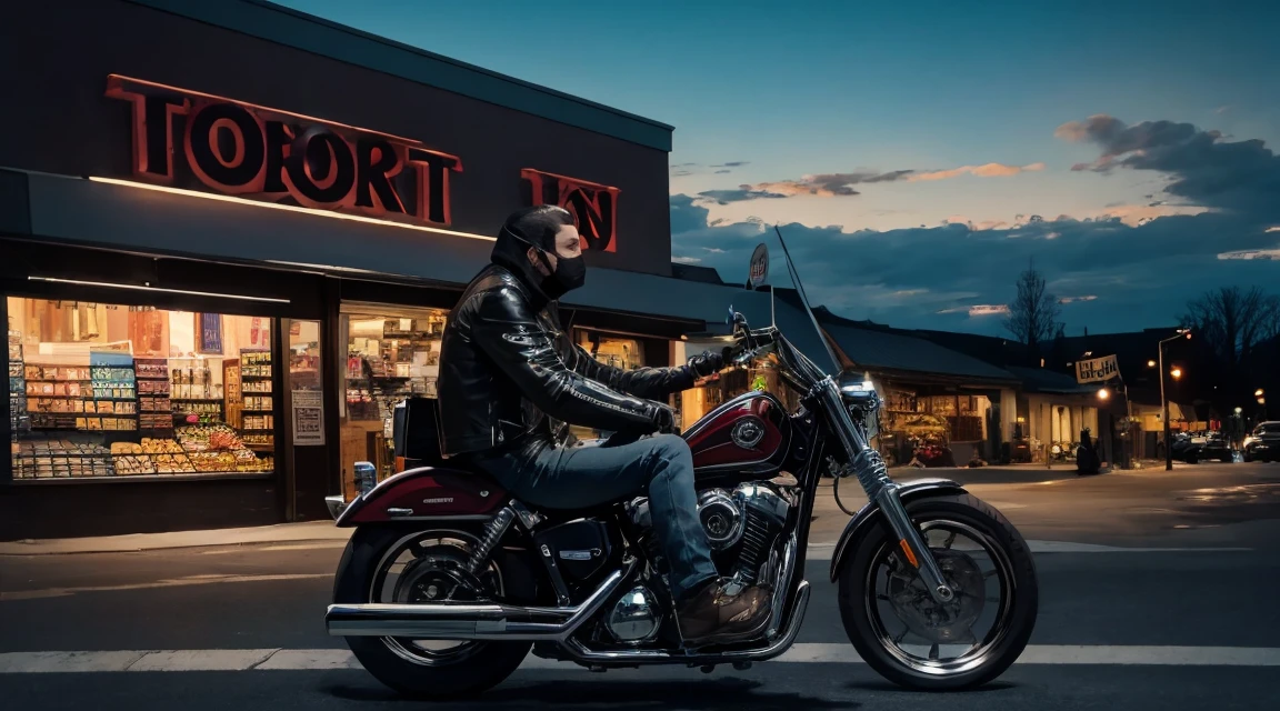 creepy biker sitting on his motorcycle in front of a grocery store at dusk