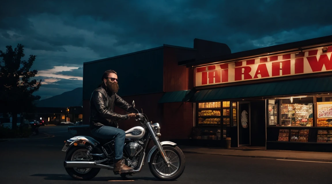 creepy biker sitting on his motorcycle in front of a grocery store at dusk