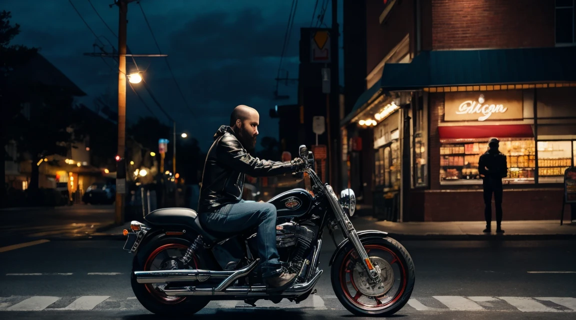 creepy biker sitting on his motorcycle in front of a grocery store at dusk