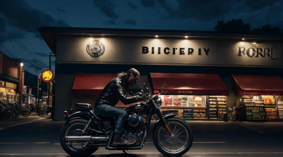 creepy biker sitting on his motorcycle in front of a grocery store at dusk