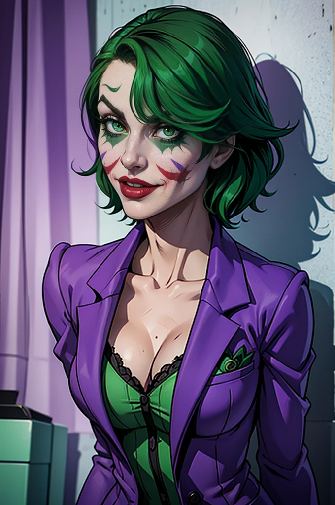 Joker dressed as a girl, full body shot, green hair, green eyes, purple pants, purple suit, close up the face, portrait